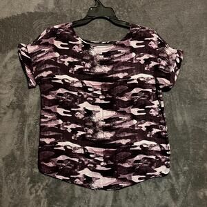 Rock & Republic Top S Purple Camo Short Sleeve Strappy Back Round Blouse